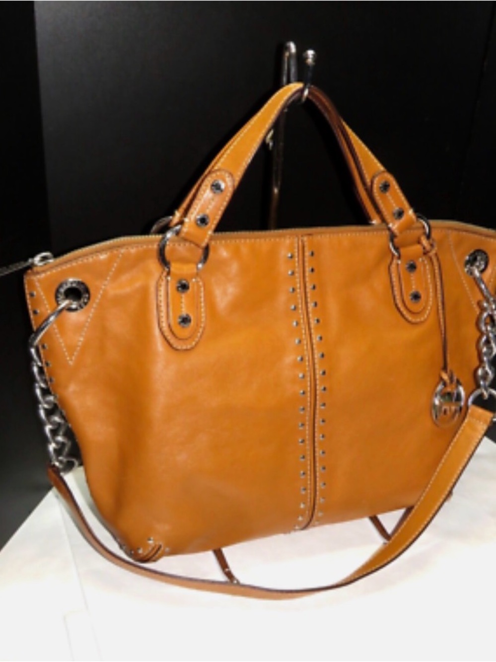 Michael Kors Cognac Leather Shoulder Tote with Stud Accents